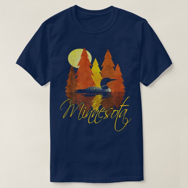 Minnesota FallAutumnSunset med Loon och Träd T Shirt (Design framsida)