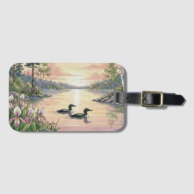 Minnesota Lake Sunset with Loons, Luggage Tag Bagagebricka (Framsida horisontal)