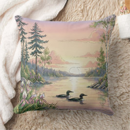 Minnesota Lake Sunset with Loons, Throw Pillow Kudde