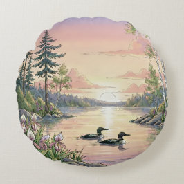 Minnesota Lake Sunset with Loons, Throw Pillow Rund Kudde