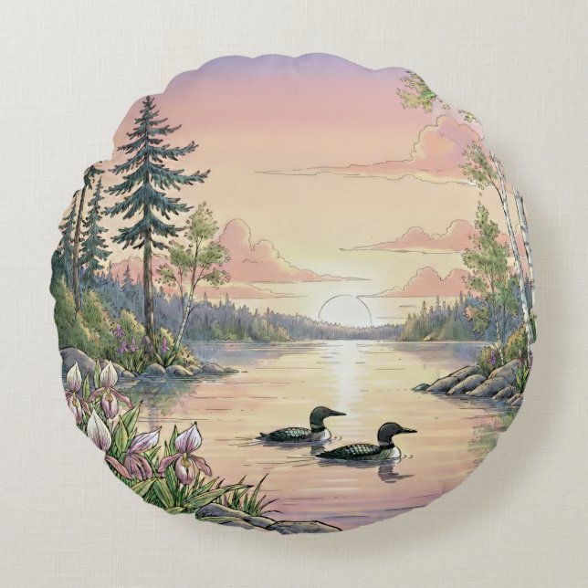 Minnesota Lake Sunset with Loons, Throw Pillow Rund Kudde (Framsidan)