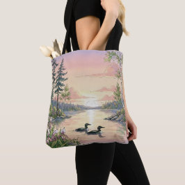 Minnesota Lake Sunset with Loons, Tote Bag Tygkasse