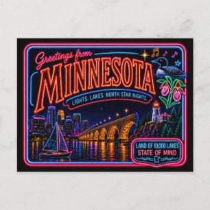 Minnesota Neon State Retro Vintage Vykort