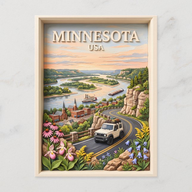 Minnesota Road Trip Landskap 3D Texturerad Flod Vykort (Framsida)