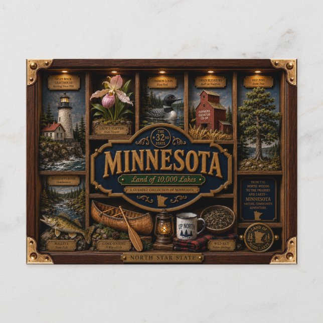 Minnesota Shadow Box 3D Figurin Delstat Vykort (Framsida)