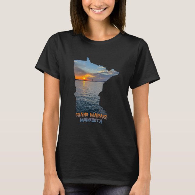 Minnesota State Outline Grand Marais Sunset  1 T Shirt (Framsida)