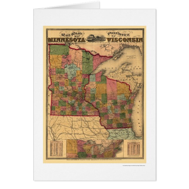 Minnesota & Wisconsin järnvägkarta 1871 Hälsningskort (Framsidan)