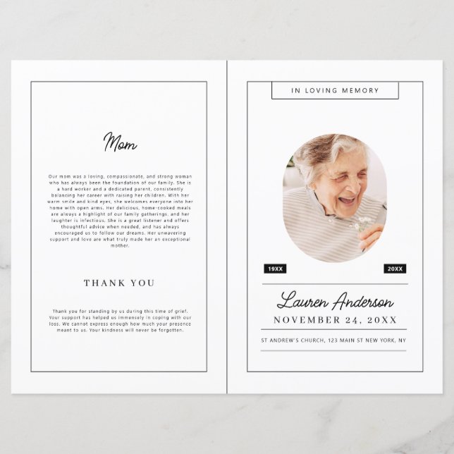 Minnesprogram i modern minimalistisk svart-vit sti (Framsida)