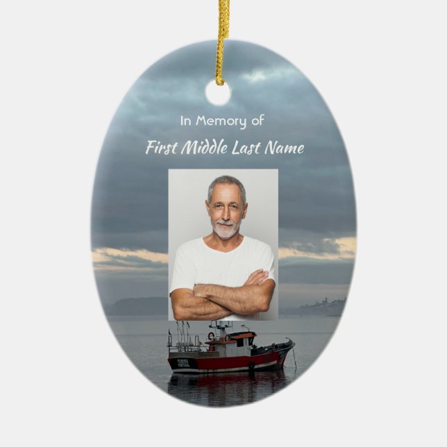 Minnessak Fiskebåt Fiskare Julgransprydnad Keramik (Framsidan)