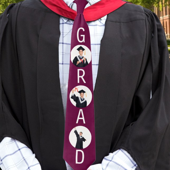 Minnessak för examen 3 bilder Grad Burgundy Slips (A stylish tie for graduation, with 3 custom photos in round 'frames' and the word 'Grad' in capitals)