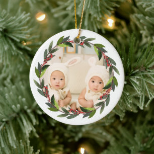 Minnessaker Tvillingars Första Jul Krans Foto Julgransprydnad Keramik