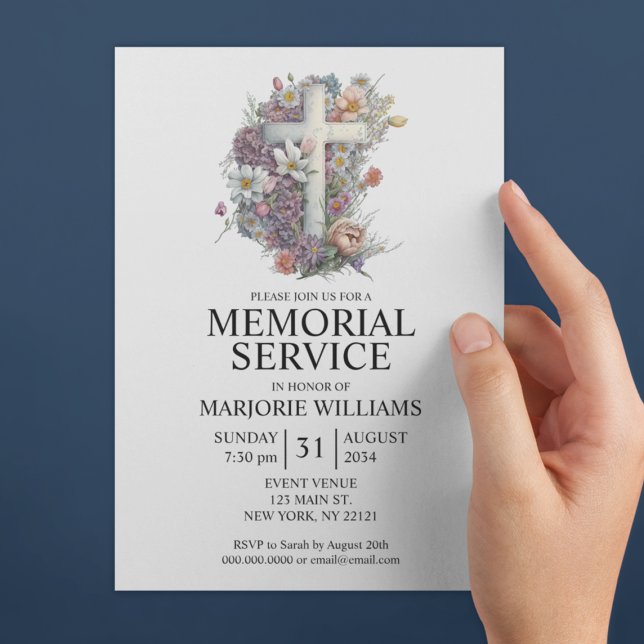 Minnesservice för vattenfärgsfärgning Blommigt Kor Inbjudningar (Watercolor Floral Cross Elegant Memorial Service Invitation
)