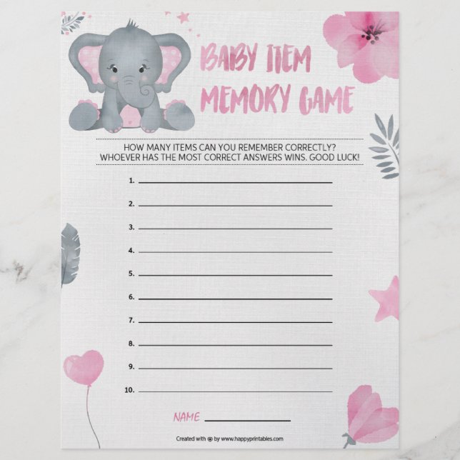 Minnesspel för baby [Baby Elephant [Rosa] Brevhuvud (Framsida)