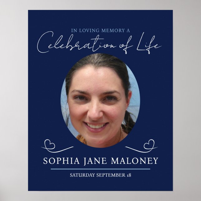 Minnesstund begravning hjärta oval foto marinblå poster (Framsidan)