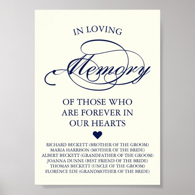 Minnet för elegant Navy Blue & Ivory Script Bröllo Poster (Framsidan)