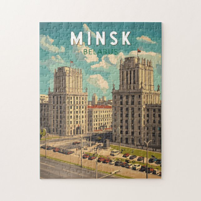 Minsk Belarus Illustration Travel Art Vintage Pussel (Vertikal)