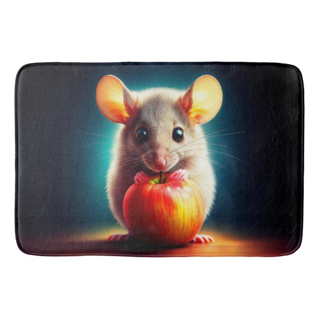 Minska gnagare som håller rött äpple nära badrumsmatta (Framsidan)