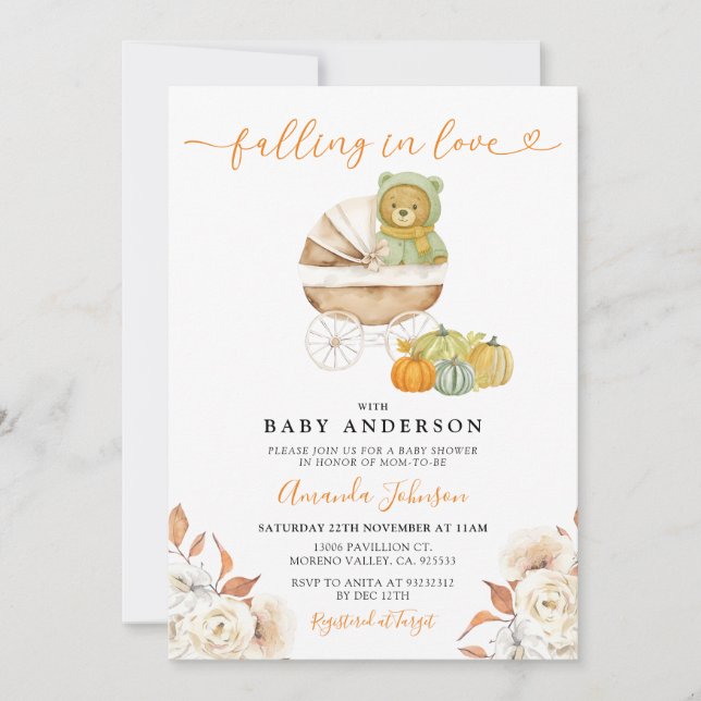 Minska i Kärlek Bear Barnvagn Pumpkin Baby Shower Inbjudningar (Framsida)