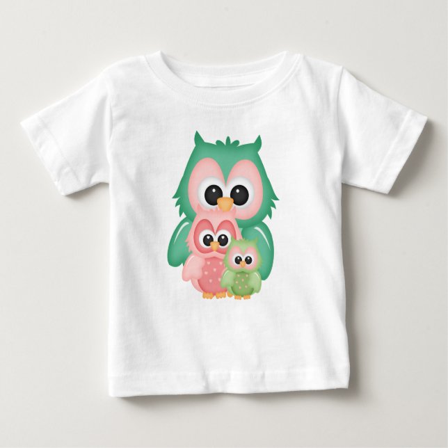 Minska Uggla Gren Rosa Mint Grönt Birds Tee (Framsida)