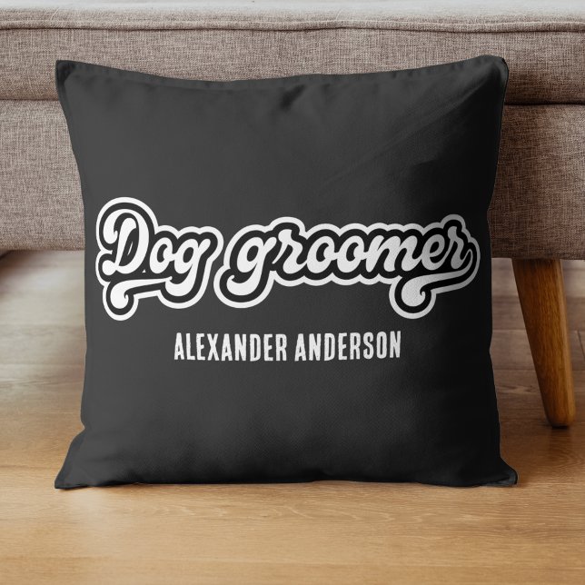 Minsta anpassade namn för svartvit Hund Kudde (Minimal Black and White Dog groomer Custom Name Throw Pillow)