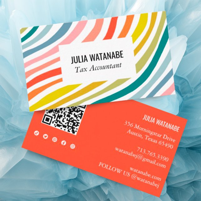 Minsta antal Rand QR-kod Social Media Visitkort (Custom business card with QR code and social media icons and colorful bright bold stripes)