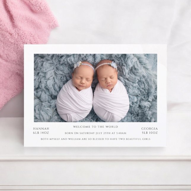 Minsta aviseringskort för foto-twin spädbarn meddelande (twins,birth announcement,baby girls fully editable and downloadable)