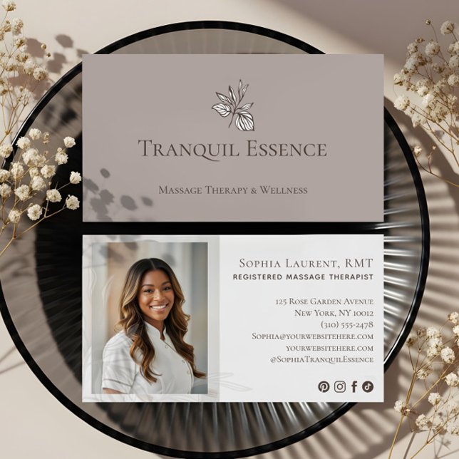 Minsta blad Registrerad massageterapeut Foto Visitkort (Minimal Leaf Registered Massage Therapist Photo Business Card)