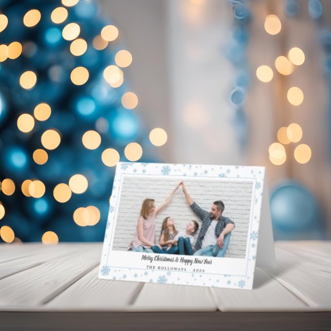 Minsta blått Snöflingor-julfoto Helgkort (Modern Blue Snowflake Holiday Photo Card)