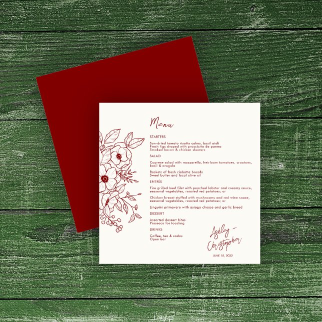 Minsta Blommigt Botanical Ruby Red på White Bröllo Meny (Skapare uppladdad)