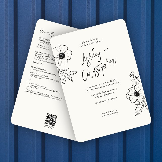 Minsta Blommigt Botanical White Allt-in-One Bröllo Inbjudningar (Skapare uppladdad)