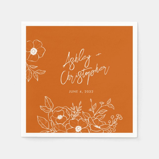 Minsta Blommigt Botaniskt Orange Bröllop Cocktail Pappersservett (Framsidan)