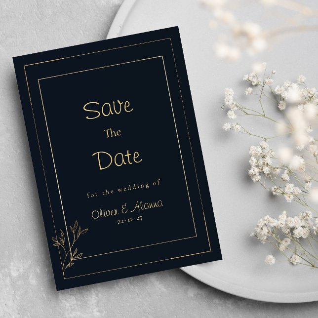 Minsta blommigt för marinblått guld Spara datum Inbjudningar (Navy blue gold minimalist floral Save The Date )