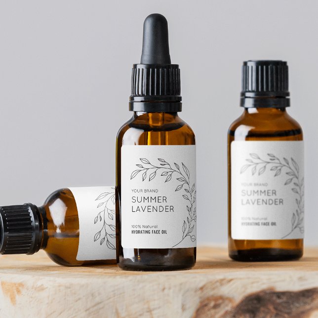 Minsta botaniska 1 OZ Dropper Flaska-etikett Adressetikett (Modern botanical style dropper bottle label design in black and white with greenery motif)
