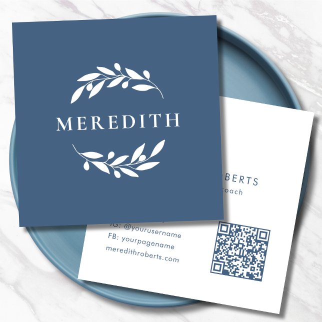 Minsta botaniska QR-kod - Dusty Blue Fyrkantigt Visitkort (Minimalist Botanical Olive Branches QR Code Dusty Blue Square Business Card)