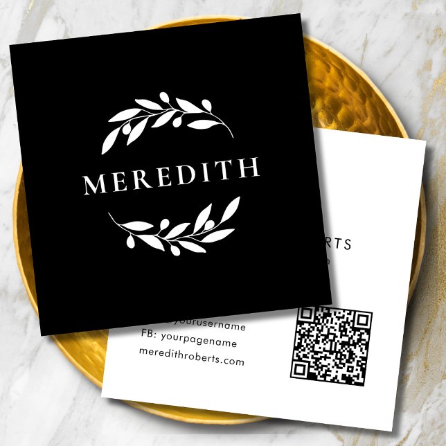 Minsta botaniska QR-kod, svart och vitt Fyrkantigt Visitkort (Minimalist Botanical Olive Branches QR Code Black and White Square Business Card)