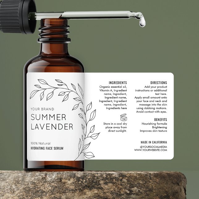 Minsta botaniska skinkare Dropper Flaska-etikett Fraktsedel (Minimalist botanical cosmetic bottle wrapper label design with fully editable text, colors & layout)