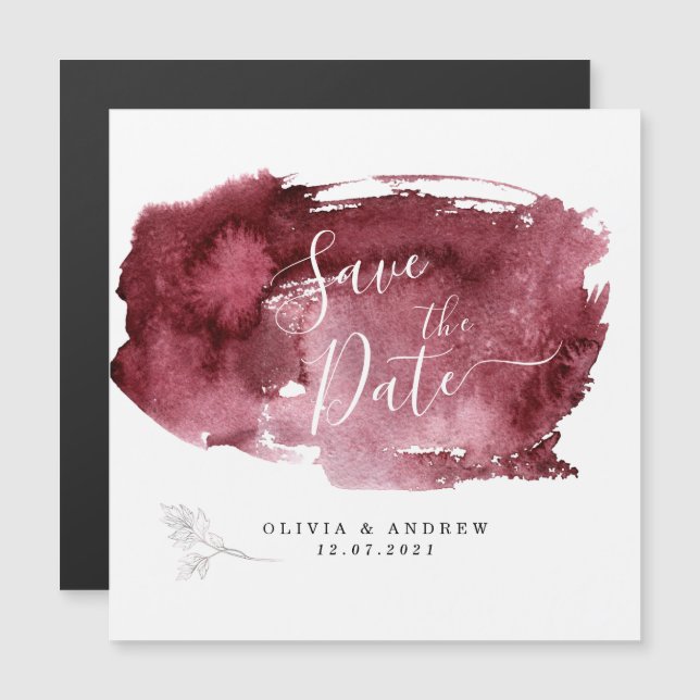 Minsta burgundy Watercolor Botanical Magnetisk Inbjudningskort (Fram/baksida)