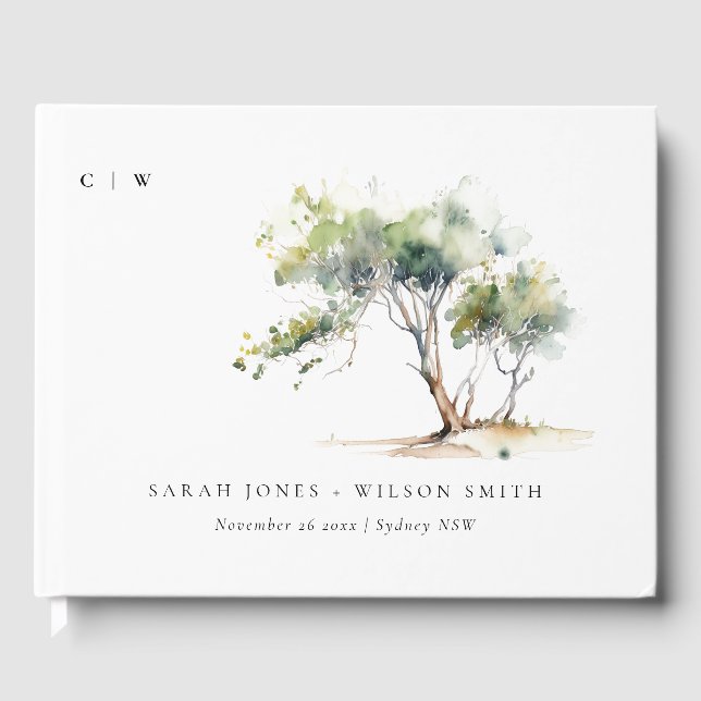 Minsta enkla vattenfärg Botaniska Träd Bröllop Gästböcker (Framsida)