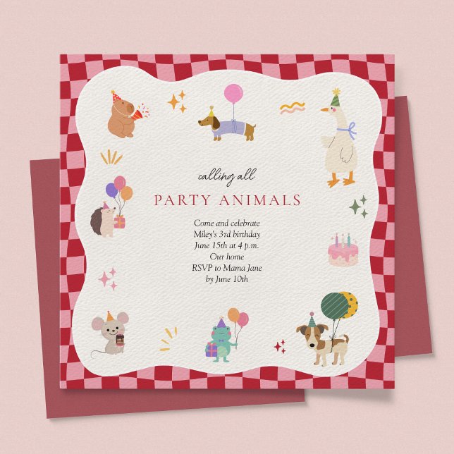 Minsta födelsedag för djur i party: Retro Inbjudningar (Calling All Party Animals Birthday Invitation Retro Minimalist Zoo Animals Safari Jungle Cute)