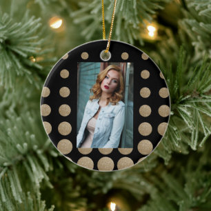 minsta geometriska svarta guld glitter polka dots julgransprydnad keramik