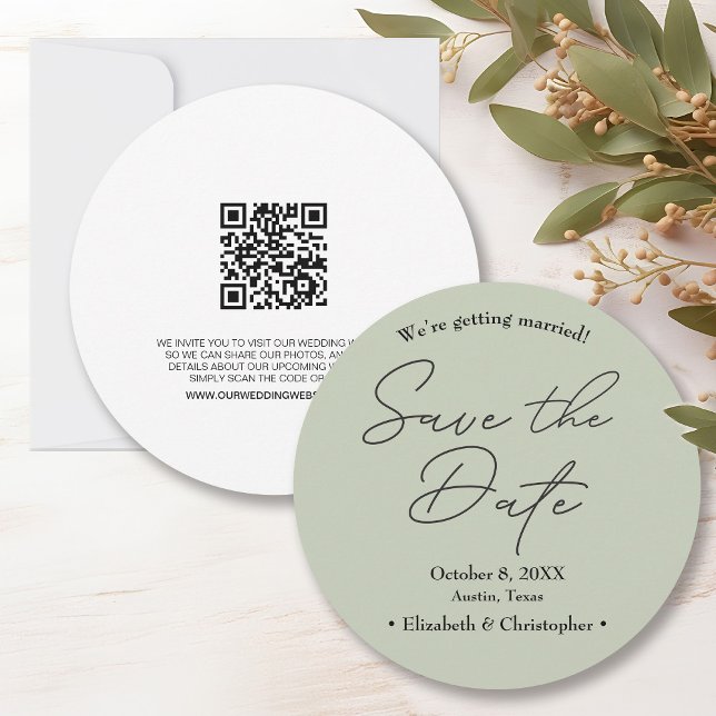 Minsta grönt Bröllop spara datum Inbjudningar (Minimalist Sage green save the date with wedding website. )