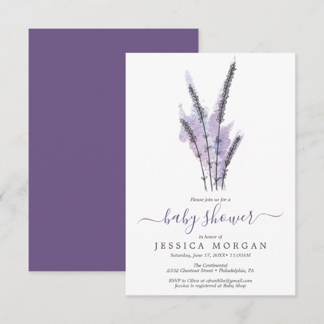 Minsta inbjudningskort för Lavender Baby Shower (Fram/baksida)