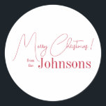 Minsta jul-rött runt klistermärke<br><div class="desc">Detta är en minimal utformning av God jul. Det är i fräckt rött och vitt och har budskapet "God jul! från Johnsons". Perfekt för din julklapp, sändningstillbehör, kuvertsälar och fester gynnar sälar den här festsäsongen. Om du vill anpassa dig lägger du bara till ditt namn i textrutan Anpassa. Här kan...</div>