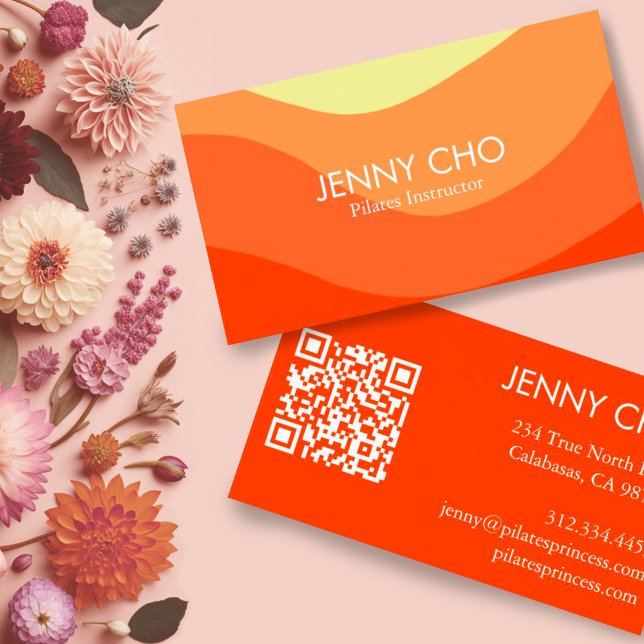 Minsta moderna Orange för Abstrakten Curve Rand Re Visitkort (Bright orange and yellow curvy stripes business cards with QR codes)