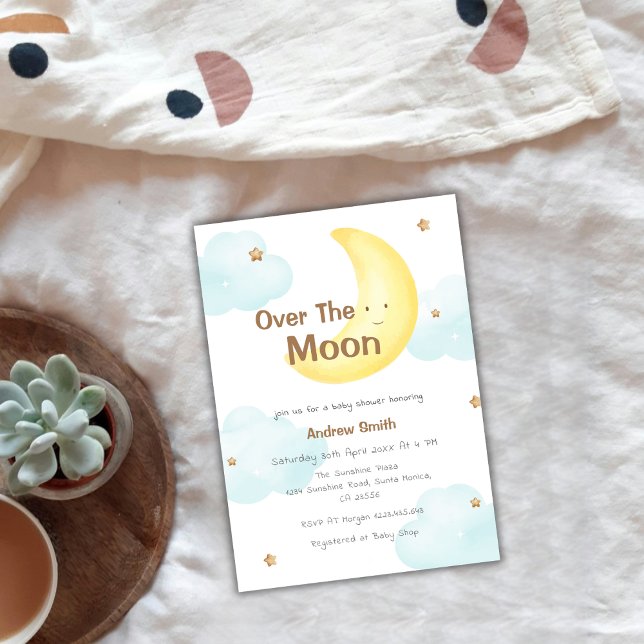 Minsta möjliga slöjor över babyskaren i Måne Inbjudningar (Cute Minimalist Over The Moon Baby Shower Invitation)
