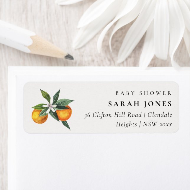 Minsta Orange Botanical Boho Baby Shower Adress Returadress Etikett (Insitu)