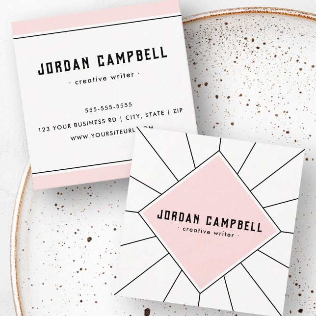 Minsta radialgeometriska rosa vit fyrkantigt visitkort (Retro radial geometric pink white minimal square business card)
