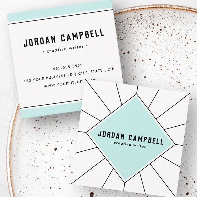 Minsta radiella geometriska vattenblåvita minsta l fyrkantigt visitkort (Retro radial geometric aqua blue white minimal square business card)
