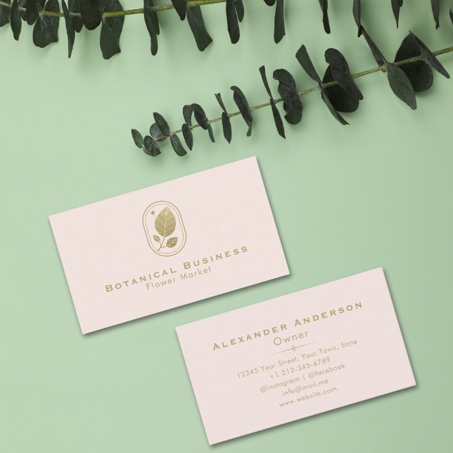 Minsta Rosa för botaniskt skam från Ram Guld Löv Visitkort (Frame Gold Leaf Minimal Botanical Cream Shade Pink Business Card)