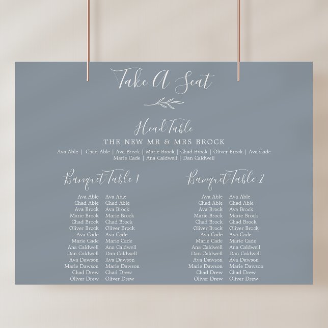 Minsta sittdiagram för Löv Blue Banquet Bröllop Poster (Minimal Leaf Blue Banquet Wedding Seating Chart)